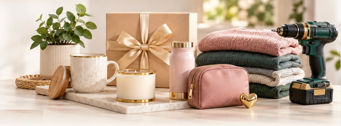 Regalos, hogar, moda y herramientas sobre una mesa
